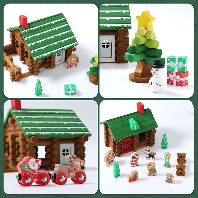 SainSmart Jr. 182Pcs Christmas Wooden Logs Set Building House Toy for Toddlers, Classical STEM Construction Kit Compatible with Lincoln Logs for 3+ Kids