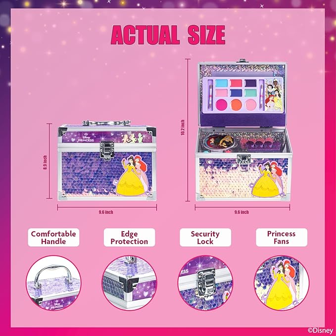 Disney Princess Train Case Beauty Set, Kids Makeup Kit for Girls, Real Washable Makeup Set, Play Makeup, Party Favor, Birthday, Ages 3 4 5 6 7 8 9 10 11 12 by Townley Girl