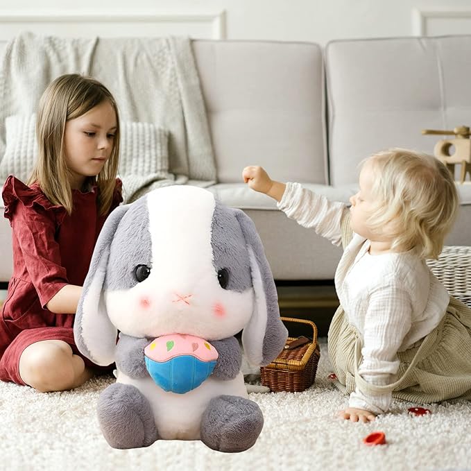 HOUPU Soft Toy - Sitting Lop Eared Rabbit, Easter White Rabbit Stuffed Bunny Animal with Carrot Soft Lovely Realistic Long-Eared Standing Pink Plush Toys (Ash White-Cake,12.5in/32cm)
