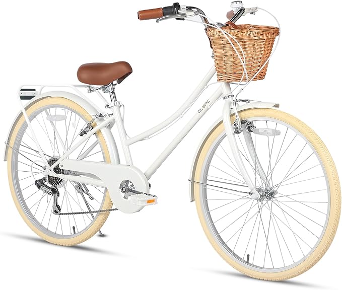 Glerc 20 24 26 Inch Beach Cruiser Bike, 6-Speed Hybrid City Bicycle for Girls Youth and Over 6 Years Old, Missy Bike with Wicker Basket & Lightweight, Multiple Colors