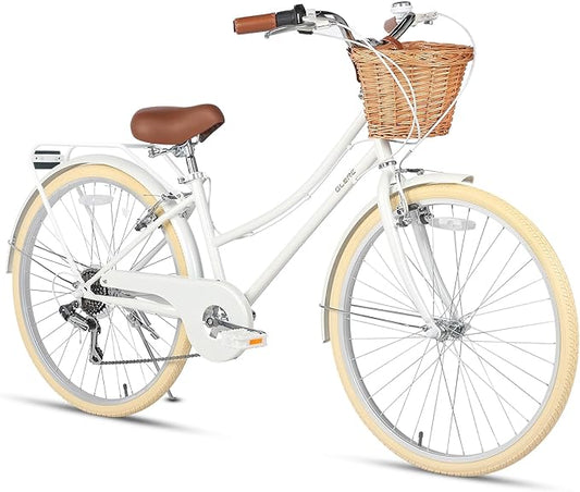 Glerc 20 24 26 Inch Beach Cruiser Bike, 6-Speed Hybrid City Bicycle for Girls Youth and Over 6 Years Old, Missy Bike with Wicker Basket & Lightweight, Multiple Colors