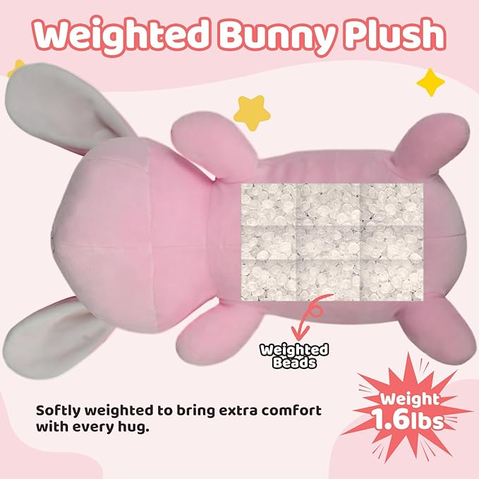 Puffpals Weighted Plush, Cute Bunny Weighted Stuffed Animal with Beads, Soft Sensory Plush Pillow Toy for Kids & Adults(13.7in, 1.6lbs)