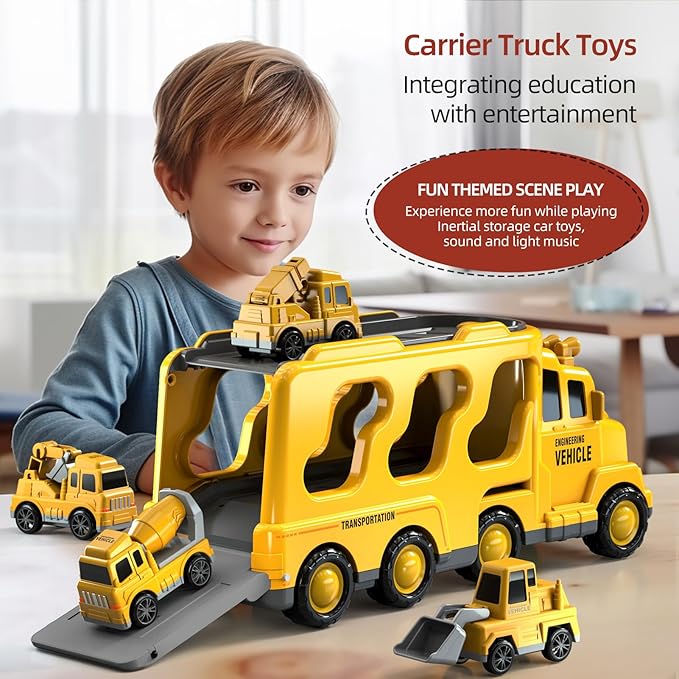 5 in 1 Construction Trucks Cars Toys for Toddlers 3-5, Boy Toddler Car Truck Toys with Light Sound, Includes Crane, Mixer, Bulldozer & Excavator, Birthday Gifts Toys for 2 3 4 5 Year Old