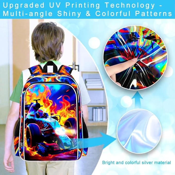 3Pcs Cars Backpack for Boy, 17" Hot Wheels Bookbag for Elementary Preschool Kindergarten, Kids Fire School Backpacks with Lunch Box (Red)