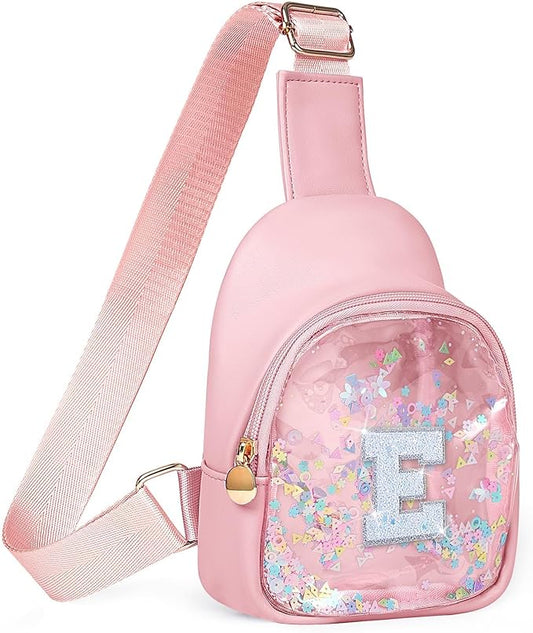 COSHAYSOO Pink Toddler Little Girls Purse 2 3 4 5 6 7 Year Old Kids Sling Bag Initial Crossbody Crossover Clear Chest Pouch, Birthday Party Favor Gifts for Child Sister Letter E