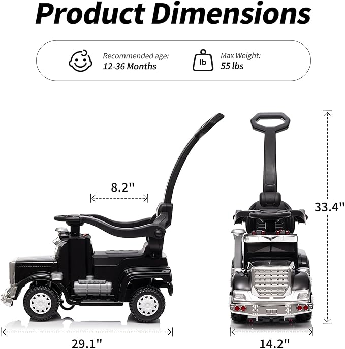 3-in-1 Ride on Push Car for Toddler with Handle, Toddler Ride on Toy for Boys Aged 1-3, Stroller Sliding Walking Car w/Music, Horn and Lights - Black