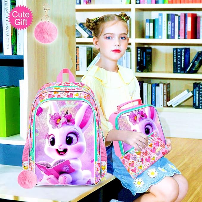CCJPX 3Pcs Bunny Backpack for Girls, 16” Kids Bookbag with Lunch Box, Water Resistant Elementary School Bag for Kindergarten Preschool Toddler (Pink)