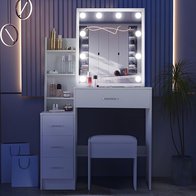 Vanity Desk with Sliding Mirror and Lights, Makeup Vanity Set with Stool and Drawers, 3-Color Lights, Adjustable Brightness, Small Vanity Dressing Table for Bedroom, Gifts for Girls & Women,H3155