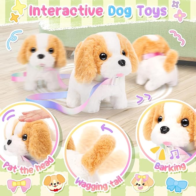 Plush Dog Toys for Kids with Crossbody Bags, Puppy Toys Robot Dog with Leash Walking Barking Tail Wagging, Pretend Play Pet Care Cute Stuff Electronic Interactive Toddler Birthday Gifts