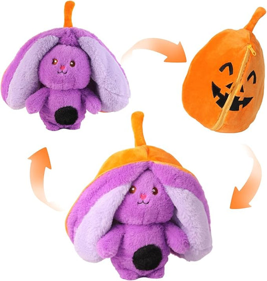 2-in-1 Transforming Plush Toy with Zipper, Reversible Pumpkin to Bunny Stuffed Animal, Soft Surprise Plushie for Kids, Cute Holiday Stocking Stuffer for Boys and Girls