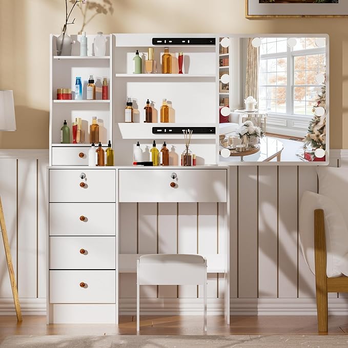 Vanity Set with Mirror and Lights, Vanity Table with Stool, Lighted Mirror 10 Dimmable Bulbs, 6 Drawers, Makeup Vanity Desk for Girls, White Bedroom Dressing Table