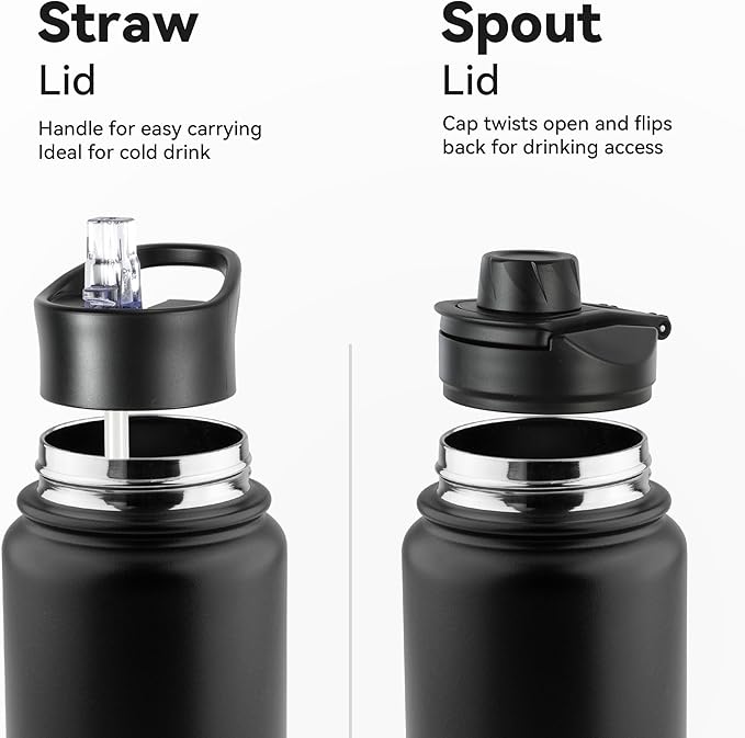 VEGOND 24oz Insulated Stainless Steel Water Bottle with Straw Lid, Double Wall Vacuum Bottle for Hiking, Camping, Gym, Work, Home Use, Black 8 Pack