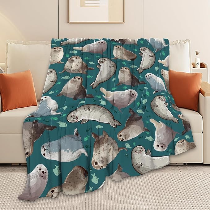 Seal Throw Blanket Ocean Seal Stuff Gifts for Kids Girls Boys Adults Women Men Soft Cozy Warm Plush Fluffy Fuzzy Fleece Blanket Decor 50''X60''