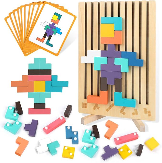 Wooden Stacking Puzzle Board, Montessori Brain Blocks for Kids 3-6 Years, Colored 3D Russian Block Game, Educational Teaser Jigsaw Toy for Boys & Girls, Fine Motor Skill for Age 3 4 5 6 7 8