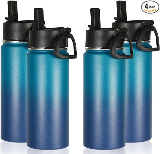 Volhoply 16 OZ Kids Water Bottle Bulk 4 Pack,Insulated Sports Bottles with Straw Lid,Stainless Steel Bottle with Handle Keep Cold & Hot,Double Wall Vacuum Tumbler Cups for School(Dark Night, 4)