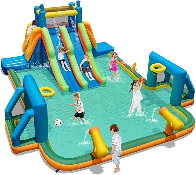 BOUNTECH Inflatable Water Slide, 19x17FT Mega Waterslide Park Dual Long Slides for Racing Fun w/Dual Climbing Wall, Large Splash Pool, Water Slides Inflatables for Big Kids and Adults Outdoor Backyard