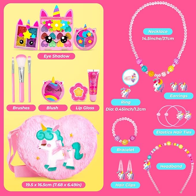 ULOVEME Kids Real Makeup Kit for Little Girls - Real, Non Toxic, Washable Make Up Toy - Umicorn Toys Gift for 3 4 5 6 7 8 9 10 12 Years Old Girls Birthday (Heart Shaped Purse+Jewelry Set)