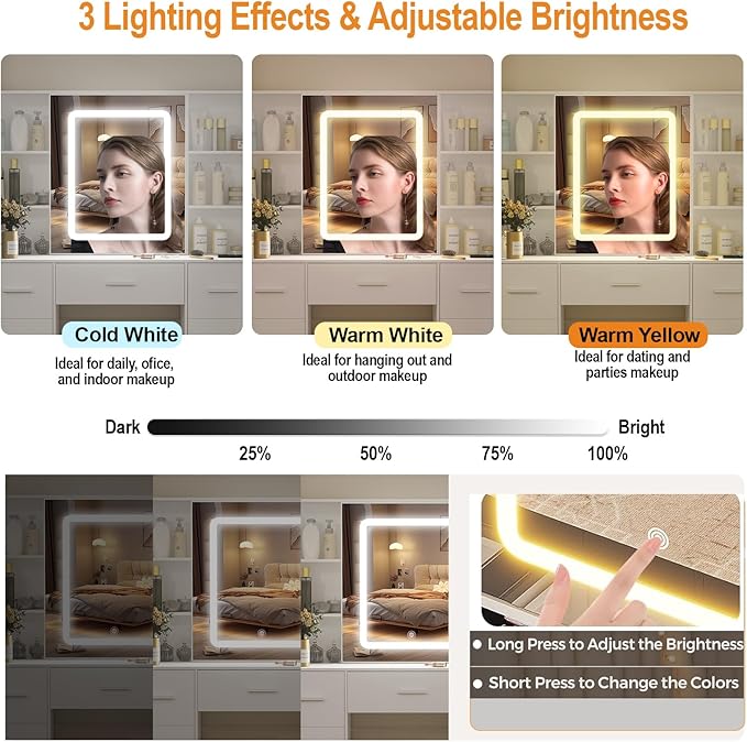 Vanity Desk with Sliding Mirror and Lights, 39.4''W White Vanity Desk with Lighted Mirror, Drawers, 3-Mode Lights, Adjustable Brightness, Makeup Vanity Dressing Table for Bedroom, Girls, Women Gifts