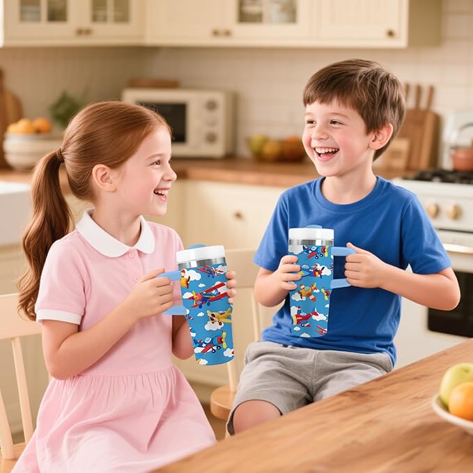Airplane Gifts for Boys - 14oz Blue Kids Helicopter Airplane Tumbler with Handle and Straw, Stainless Steel Insulated Water Cup, for Sport, School - Airplane Themed Children Birthday Gifts Cup(1pc)