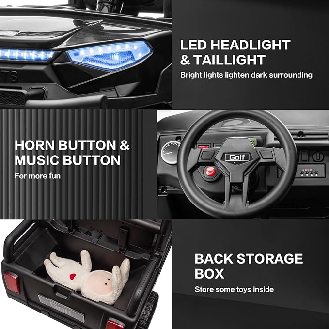 24V 2 Seater Kids Ride on Car, 4WD Golf Cart with Parent Remote Control, 4x4 Motors Ride on Truck with Roof, Toddler Electric Vehicle with Storage Box, Foot Pedal, Music Player, Lights, Horn, Black