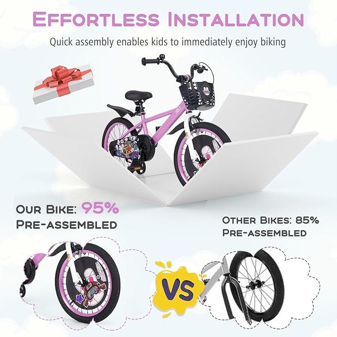 BABY JOY Rabbit Pilot Sporty Kids Bike, 12 14 16 18 Inch Child Bike for 3-8 Years Old with Adjustable Height, Training Wheels, Storage Basket, Handbrake & Coaster Brake, Kids Bicycle for Girls Boys