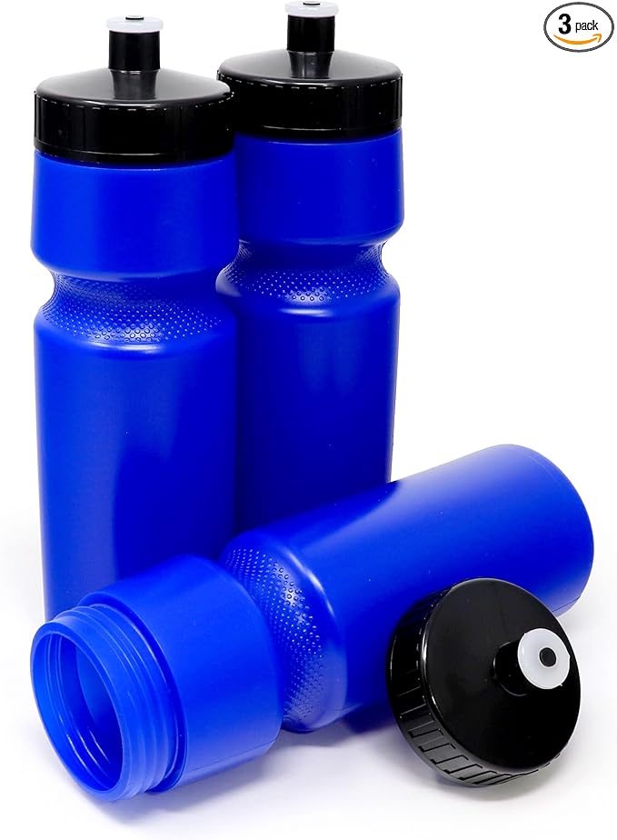 Rolling Sands USA Made Reusable 24 oz Sports Water Bottles, 3 Pack, BPA-Free, Easy Open Pull-Top, Fits Most Bike Cages, Dishwasher Safe, Lightweight - for Kids to Adults, Blue