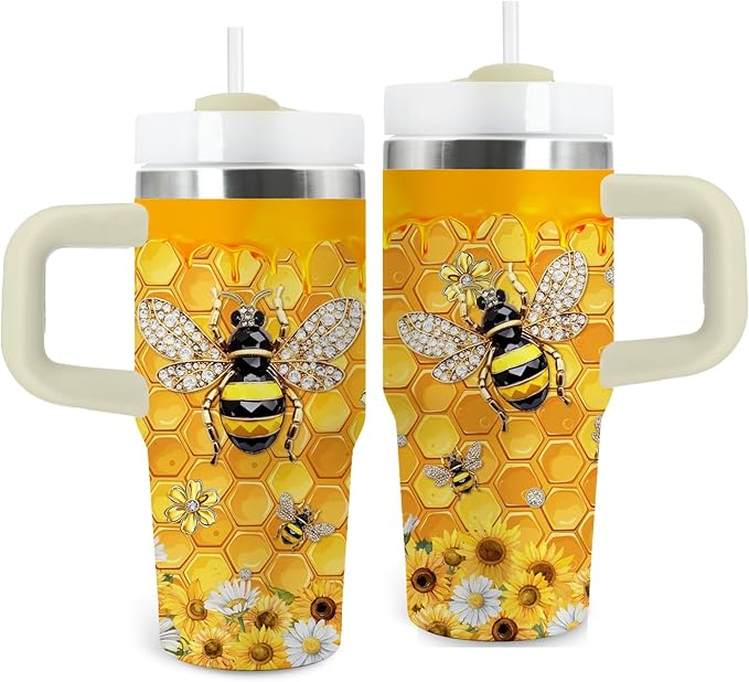 14oz Bee Tumbler with Handle, Stainless Steel Insulated Cup with Lid and Straw Personalized 14 OZ Bee Tumblers Gifts for Women Men