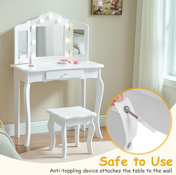 Kids Vanity, Little Girls Vanity Set with Stool and Light, 2 in 1 Wooden Kids Vanity Table and Chair Set, Princess Makeup Table with Drawer for Girls
