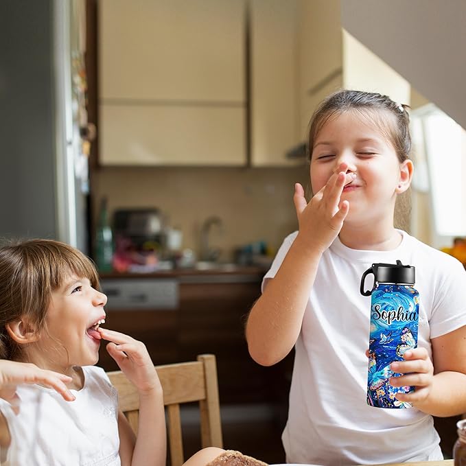 M YESCUSTOM Personalized Water Bottles for Kids with Straw Lid Custom Butterfly Water Bottle for School Customized Name Stainless Steel Double Wall Insulated Cup Birthday Gifts for Boy Girl Style12