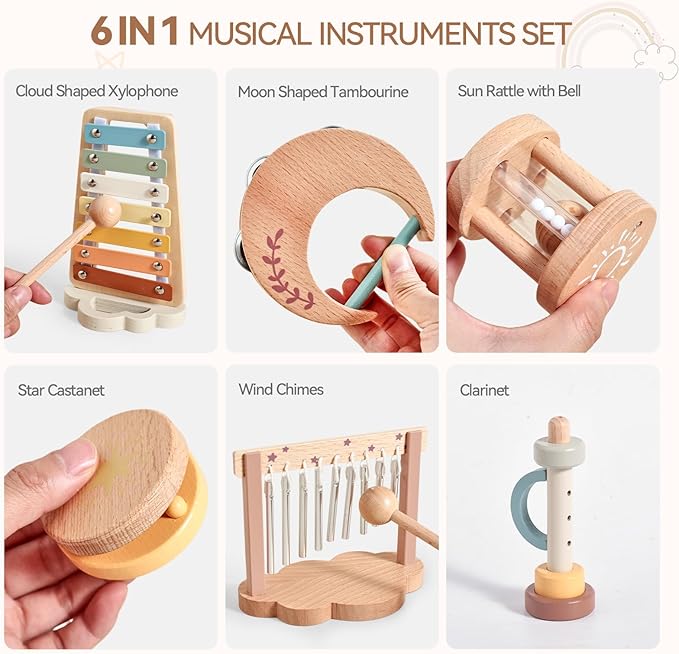Baby Musical Instruments-Montessori Wooden Musical Toys for Toddlers | Modern Boho Kids Musical Instruments | Wooden Percussion Instruments Set Toys with Xylophone Birthday Gift