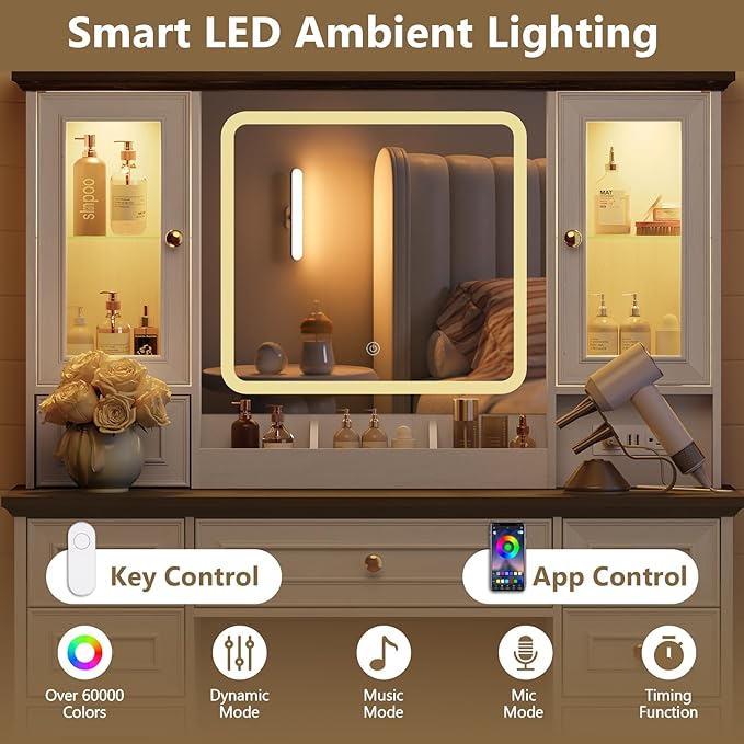 43'' Makeup Vanity with Mirror and Lights, Farmhouse Vanity Desk with Drawers & Charging Station, 3 Lighting Modes & Adjustable Brightness, Glass Cabinet, Dressing Table for Bedroom, White