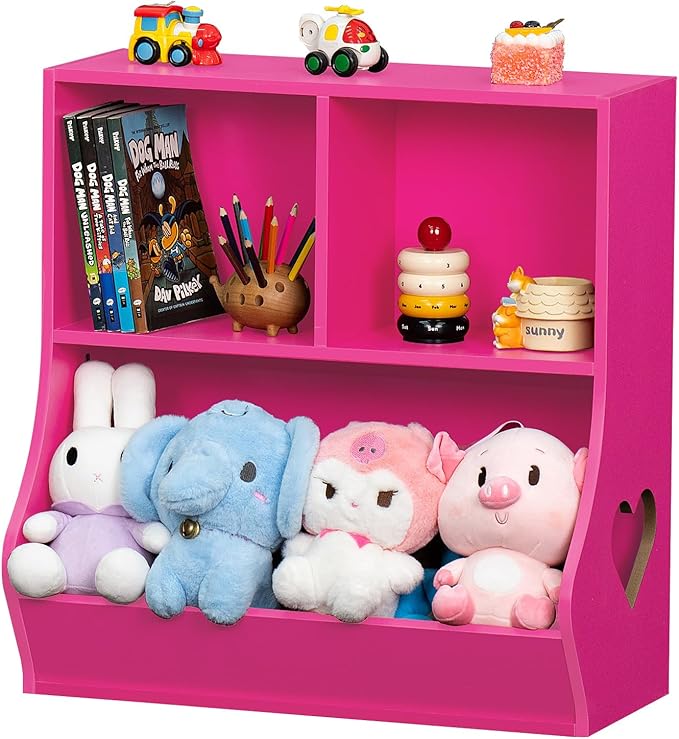 Lerliuo Baby Toddler Bookshelf and Storage Organizer, Kids Cabinet and Bookcase, Wooden 3 Cubby Children Book Shelf for Playroom, Bedroom, Nursery, School 23.62'' H (Pink)