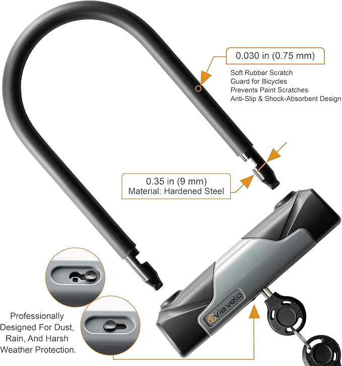 Via Velo Bike U-Lock with Cable, Heavy Duty Anti-Theft Bicycle U Locks with 8mm Braided Steel and 3 Keys, 4ft Length Security Cable for Bike, Scooter Mountain Road Bike