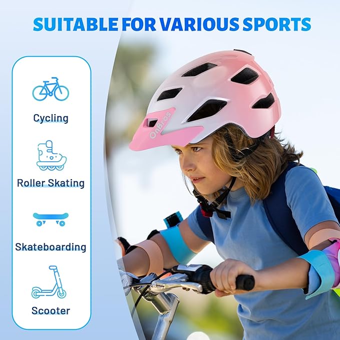 OnBros Kids Bike Helmet - Bike Helmets for 5-14 Boys or Girls with Visor, Children Bicycle Helmet for Skateboard Mountain Scooter Road Cycling, Lightweight and Adjustable 50-57CM