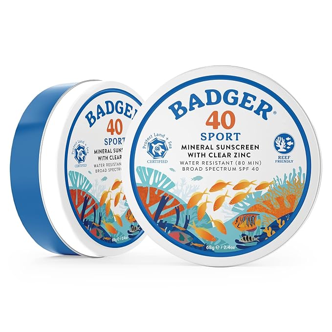 Badger Reef Safe Sunscreen Tin, Unscented SPF 40 Sport Mineral Sunscreen, 98% Organic, 80min Water Resistant Travel Size Hawaii Approved, 2.4 oz Tin