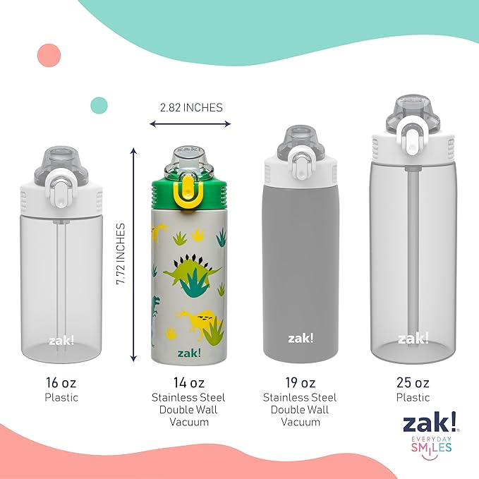 Zak Designs Sage Kids Water Bottle For School, Travel or At Home, 14oz Stainless Steel Water Bottle With Straw, Handle, and Leak-Proof, Pop-Up Spout Cover (Dino)