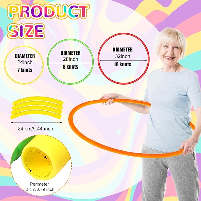 Syhood 12 Pcs Toy Color Hoop Plastic Detachable Adjustable Hoop Light Weight Exercise Fitness Equipment Toy Waist Ring for Adult Party, 3 Sizes(Green, Pink, Yellow, Orange)