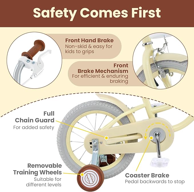 COSTWAY Kids Bike, 12 14 16 18 Inch Toddler Bike Children Bicycle w/Training Wheels, Hand & Coaster Brakes, Adjustable Saddle & Handlebar, Basket, Bell, Kids Bicycle for Girls Boys Aged 3-8 Years Old