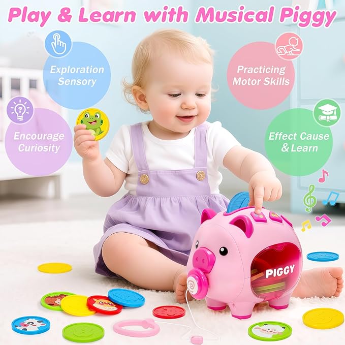 Piggy Bank for Kids, Toddler Toys for 1 Year Old Girl, Musical Number Counting & Color Learning Coin Bank, Baby 6-9-12-18 Months Interactive Toys, Christmas Birthday Gifts for Kids Girls Boys Age 1-3