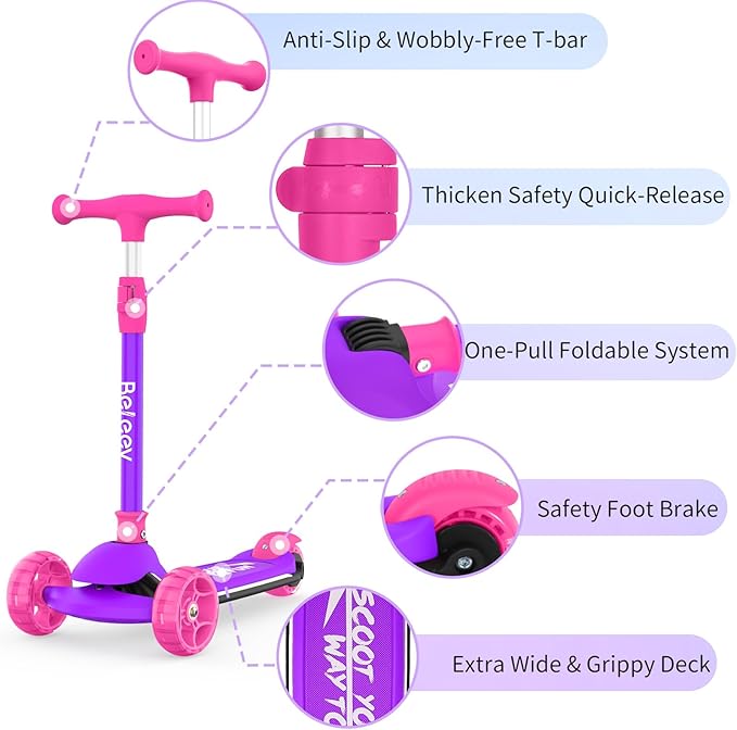 BELEEV A9 Kids Scooter with LED Light-Up Wheels & Deck, 3 Wheel Folding Scooter for Toddlers Girls Boys Ages 3-12, Adjustable Handlebar, Lean to Steer, Extra-Wide Wheels, Kick Scooter for Children