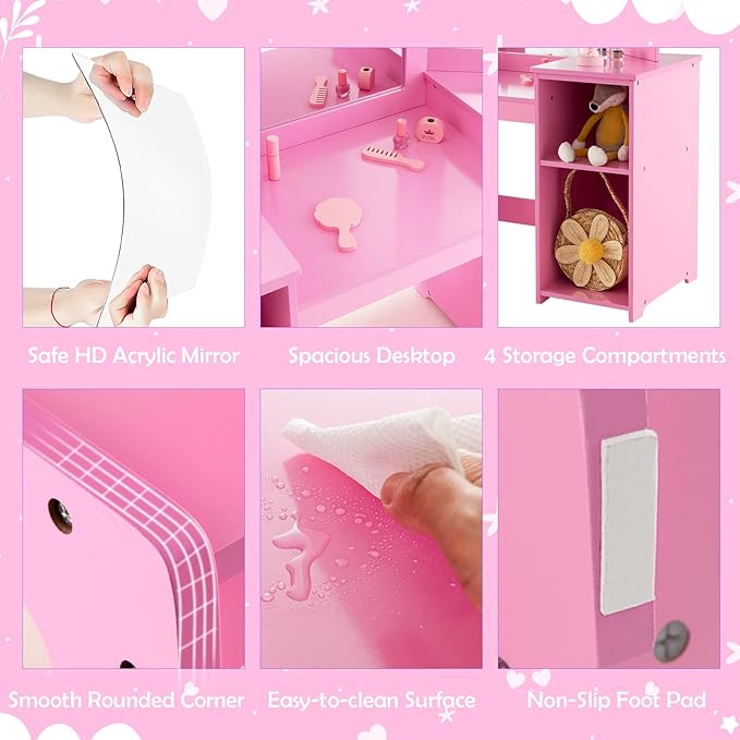 Costzon Kids 2-in-1 Princess Makeup Desk & Chair with Detachable Mirror, Shelves, Dressing Table for Little Girls (Pink)
