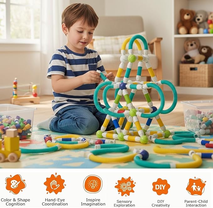 85PCS Extendable Magnetic Toy Montessori Toys for Boys & Girls,STEM Education Building Blocks,Pop Tubes & Balls,Sensory Toys for 3+ Year Old Toddlers