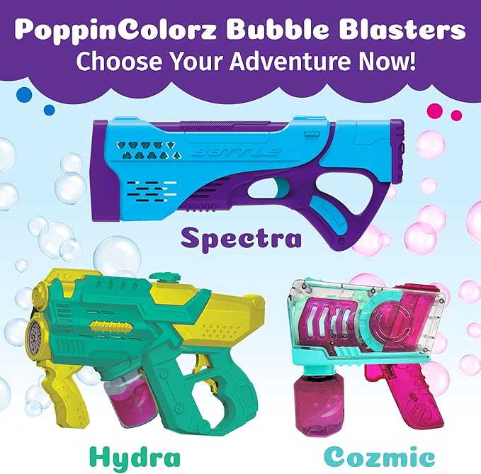 PoppinColorz Spectra Rechargeable Color Bubbles Blaster with 1 Pink, 1 Blue and 4 Clear Bubble Solutions Made in The USA, Double-Barrel Light-Up - No Dipping Necessary - Easy Click Trigger