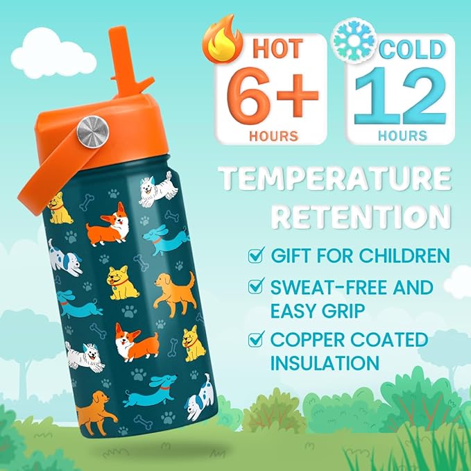 Puppy Water Bottle - Kids Water Bottle with Straw Lid - 12 Oz Insulated Stainless Steel Water Bottles for Kid Boys Girls - Travel Cup for School Sports
