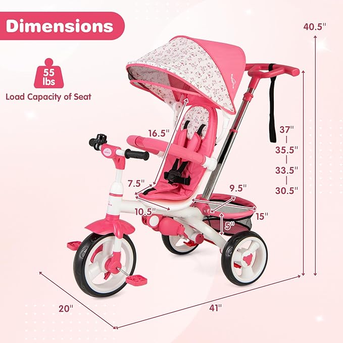 Costzon Tricycle for Toddlers, 6 in 1 Trike w/Parent Handle, Adjustable Canopy, Storage, Safety Harness & Wheel Brakes, Baby Push Tricycle Stroller for Kids Boys Girls Aged 9 Month-5 Years Old, Pink