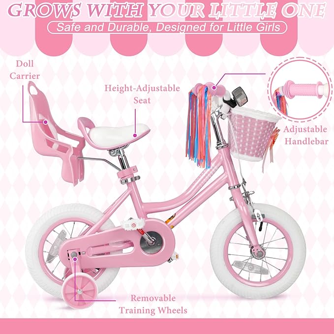 XJD Girls Bike for Toddlers and Kids Ages 2-12 Years Old,12 14 16 Inch Kids Bike with Training Wheels & Basket
