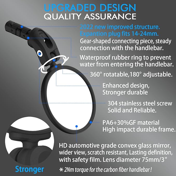 Bike Mirrors,Bike Bar End Mirror, HD Glass Convex Lens Bicycle Rearview Mirror, Safe Cycling Rearview Mirror, Easy to Install