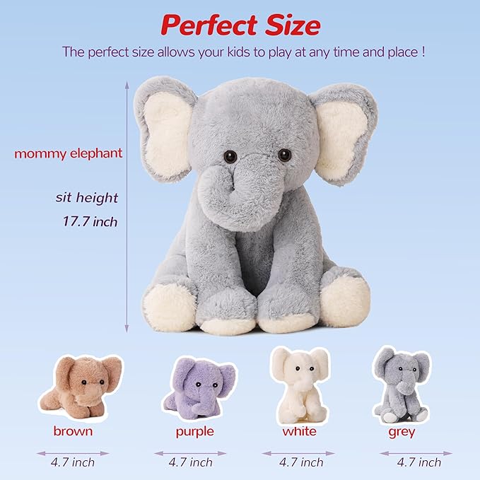 5 Pieces Elephant Stuffed Animals for Girls, 1 Mommy Elephant with 4 Babies Soft Plush Set Toys Gifts for Kids Children 3 4 5 6 7 8 9 Years, Christmas, Birthday, Children's Day