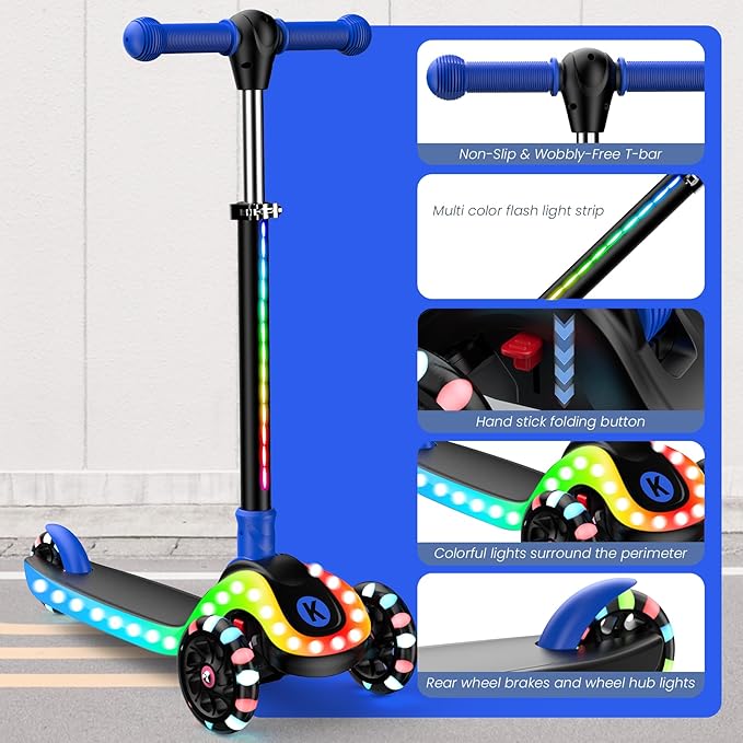 2-in-1 Adjustable Kick Scooter for Kids 3-5 (Suitable 3-12 Years),5-Level Handlebar & Removable Seat, LED Light-Up Wheels, Wide Deck, Foldable Design for Indoor/Outdoor Use - Girls & Boys