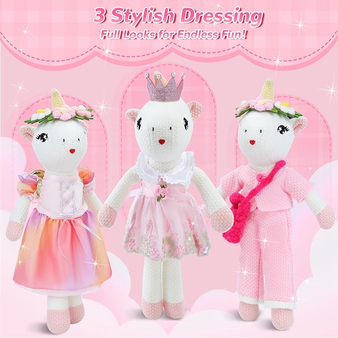 Unicorns Toys for Girls Age 3-10, Ballerina Stuffed Animal Girl Toys with 3 Set Clothes & Plush Storage Bag, Dress up Doll Birthday Gift for Toddles Girls Stocking Stuffers